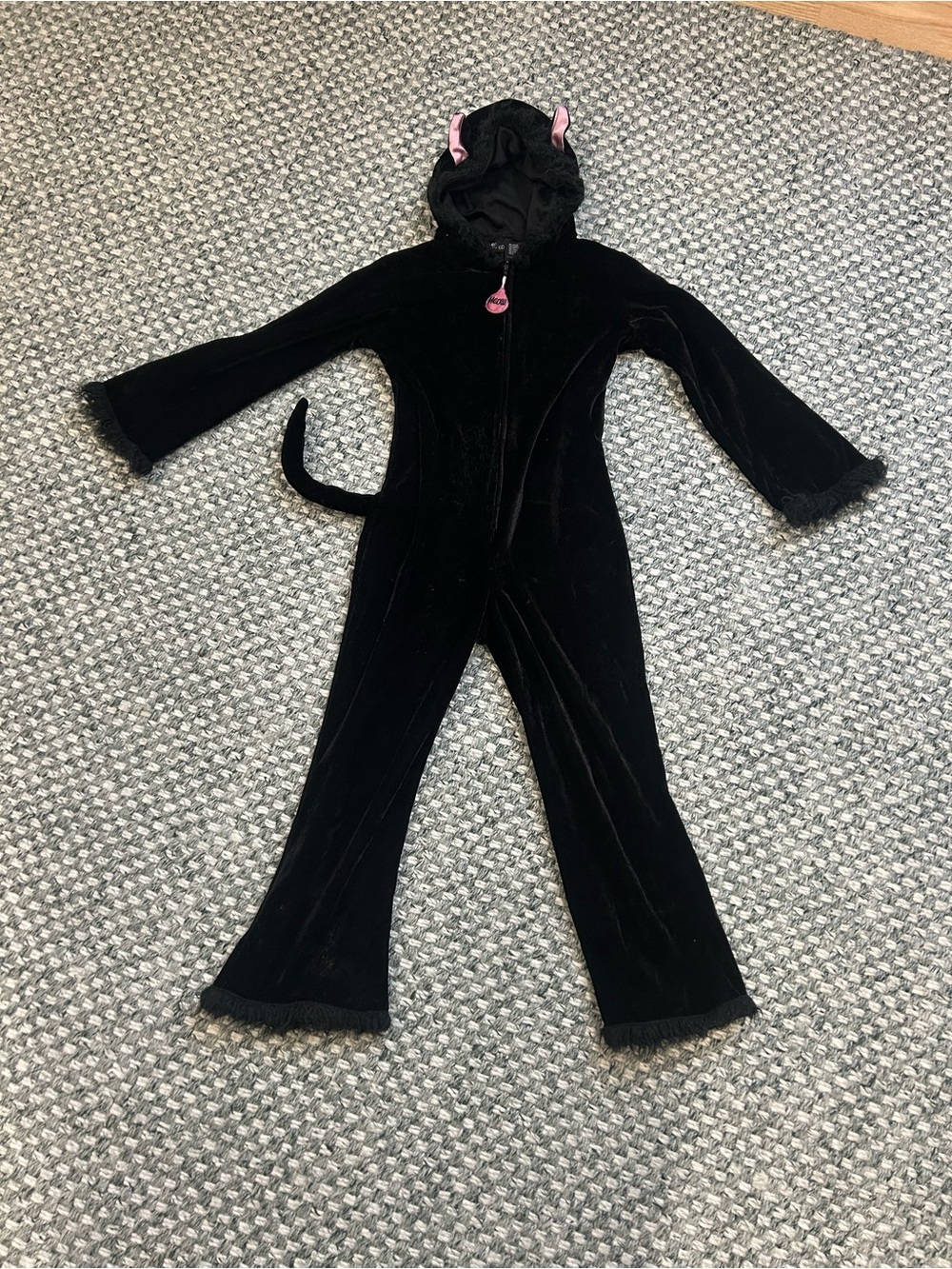 Kids Black Cat Hooded Jumpsuit Costume with Pink Ear Accents